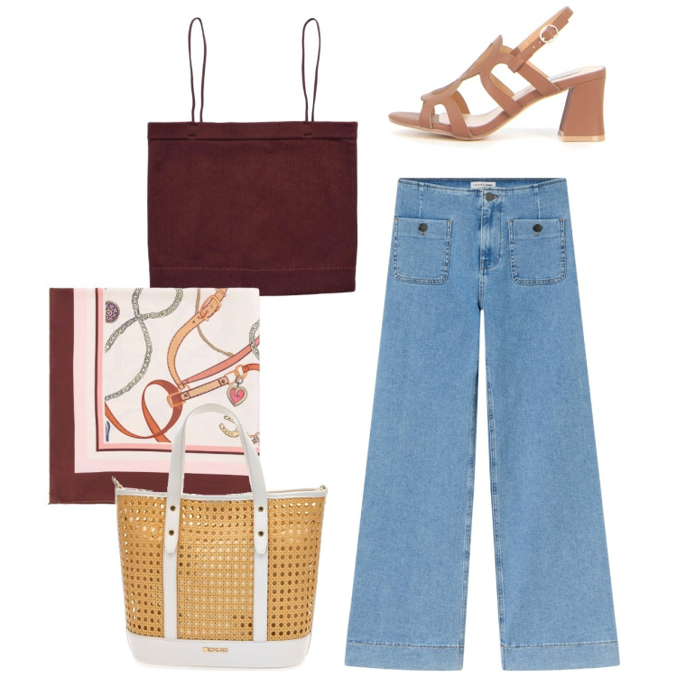 Outfit donna - Semplice. Stile Casual per Tutti i giorni. Abbinamento con jeans, canottiere, foulard, borse a spalla, sandali col tacco.