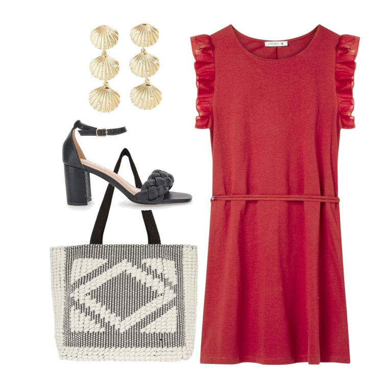 Outfit donna - Rosso. Stile Bon Ton per Ufficio. Abbinamento con vestiti, orecchini, shopping bag, sandali col tacco.