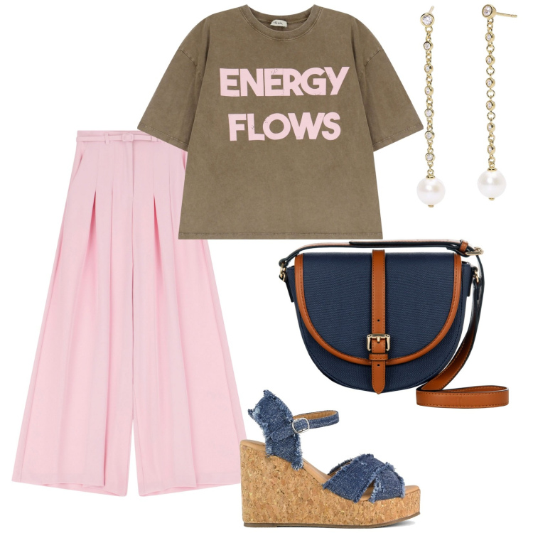 Outfit donna - Riviera look. per Mare. Abbinamento con orecchini, borse a tracolla, pantaloni, t-shirt, zeppe.
