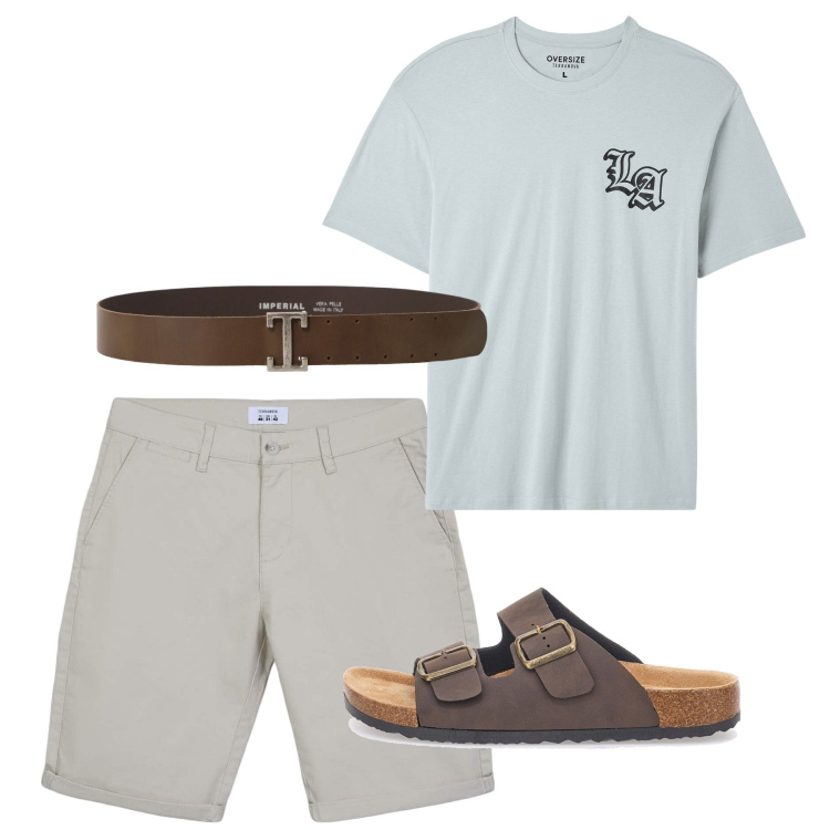 Outfit uomo - Giugno. Stile Casual per Tutti i giorni. Abbinamento con t-shirt, bermuda, cinture, sandali.
