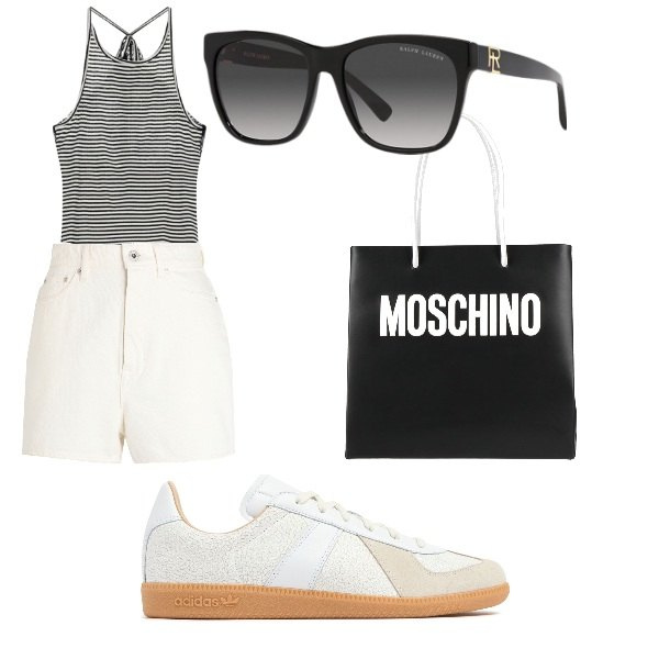 Outfit donna - tintarella. Stile Urban per Ufficio. Abbinamento con borse a mano, shorts, top, occhiali da sole, sneakers.