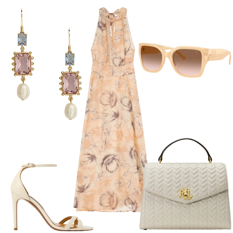 Outfit donna - Chic a Positano. Stile Chic per Serata fuori. Abbinamento con vestiti lunghi, occhiali da sole, borse a mano, sandali col tacco, orecchini.