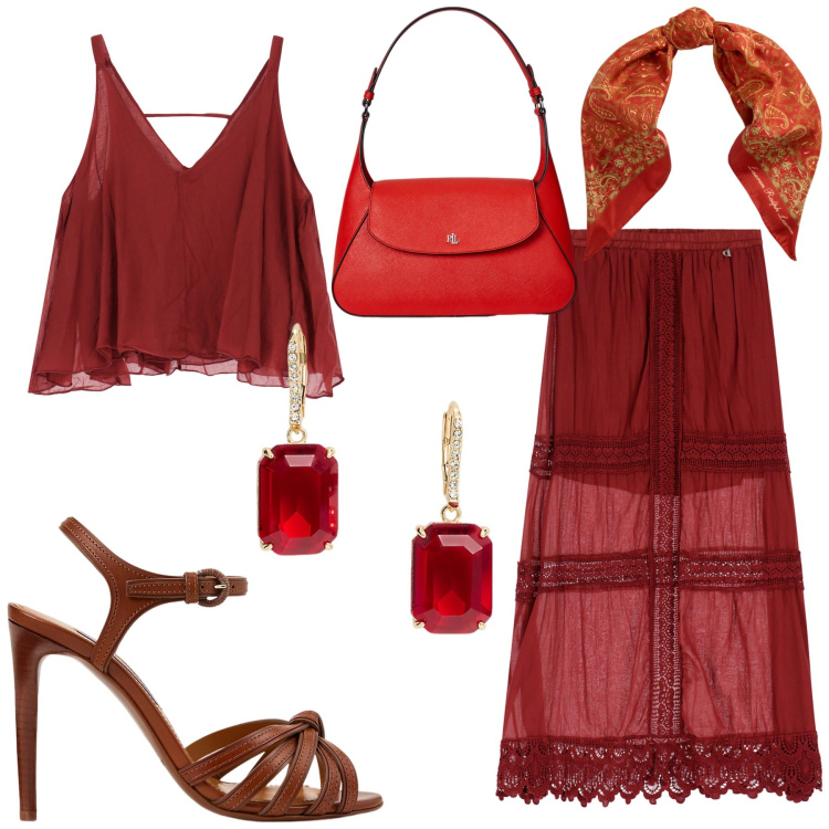 Outfit donna - Total look #2183327. Stile Boho per Serata fuori. Abbinamento con gonne lunghe, top, sandali col tacco, foulard, orecchini, borse a spalla.