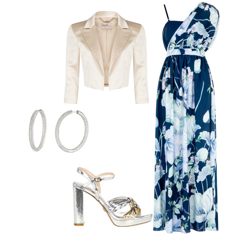 Outfit donna - Cerimonia in Riviera. Stile Glamour per Cerimonia. Abbinamento con orecchini, bolero, vestiti asimmetrici, sandali in pelle.