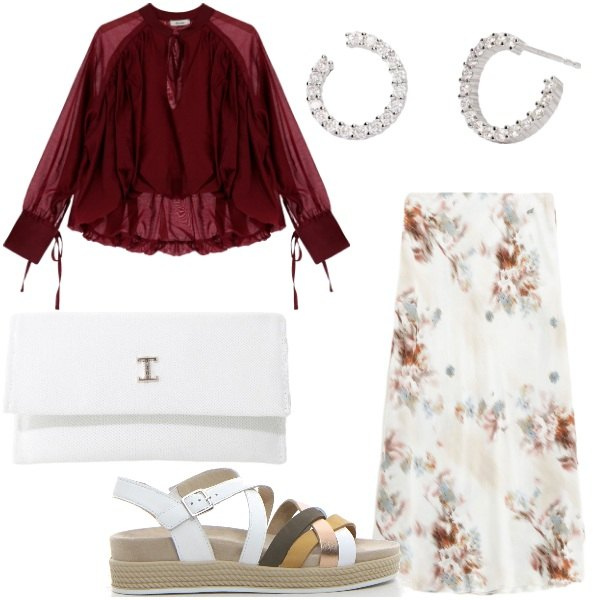 Outfit donna - Dixie a Positano. Stile Glamour per Serata fuori. Abbinamento con orecchini, borse a tracolla, gonne, bluse, sandali.