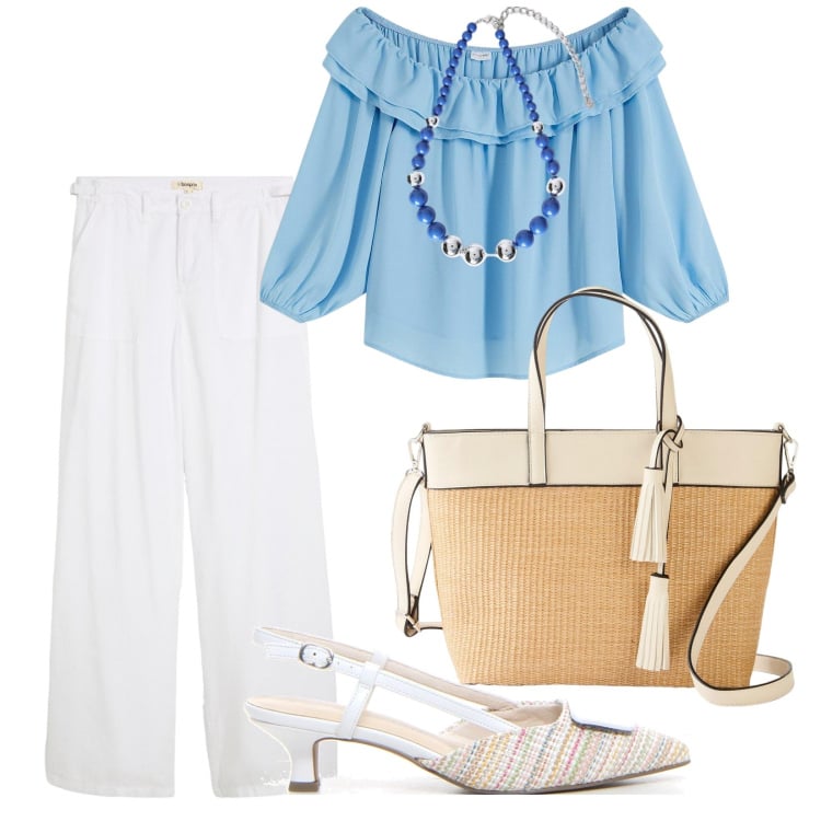 Outfit donna - Riviera look. per Mare. Abbinamento con bluse, pantaloni a palazzo, shopping bag, collane, décolleté.