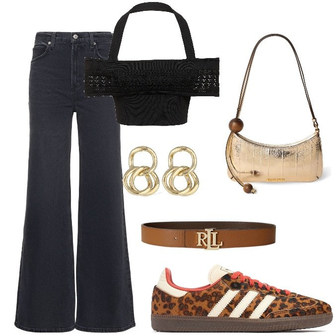 Outfit donna - Total look #2183337. Stile Trendy per Tutti i giorni. Abbinamento con cinture, orecchini, borse a spalla, top, sneakers, jeans.