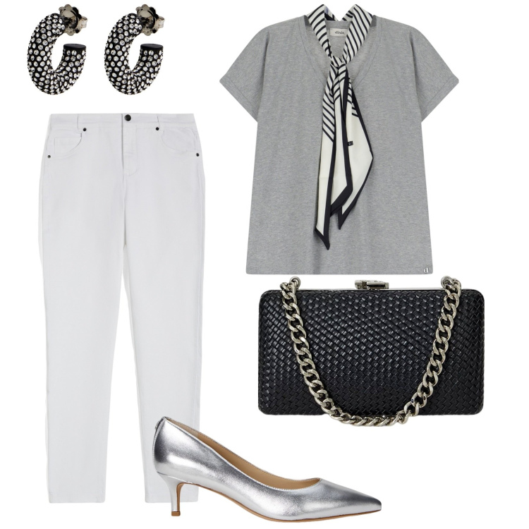 Outfit donna - Aperitivo. per Serata fuori. Abbinamento con orecchini, pantaloni skinny, t-shirt, clutch, décolleté.