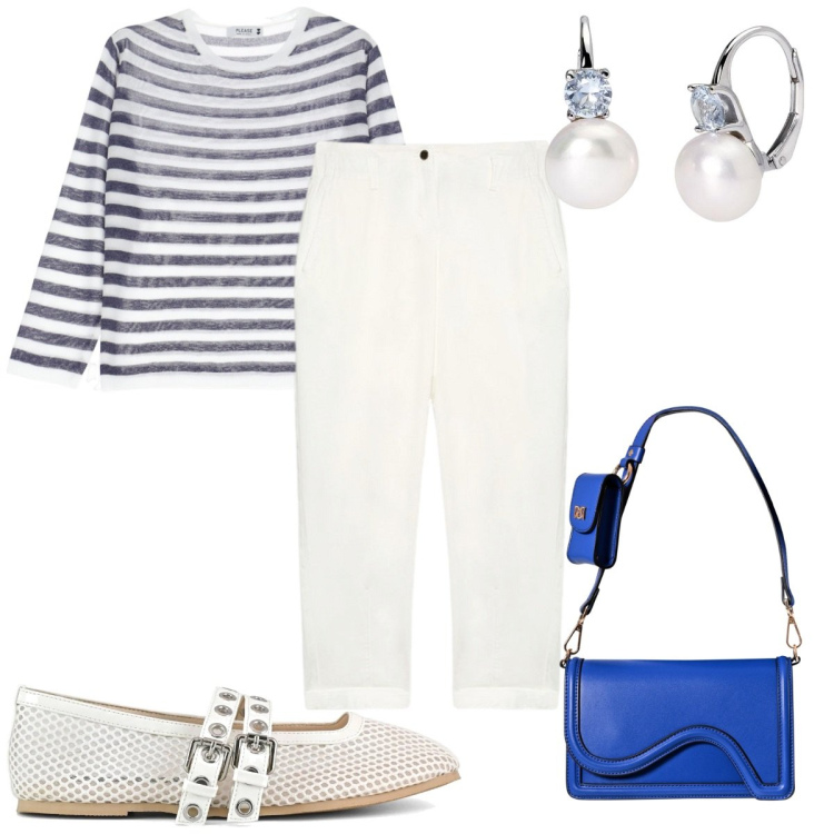Outfit donna - Riviera look- vacanze chic. Stile Chic per Tutti i giorni. Abbinamento con orecchini, pochette, maglieria, pantaloni, ballerine.