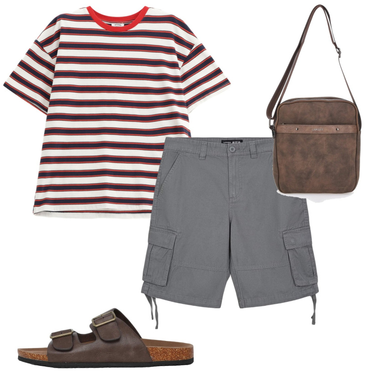 Outfit uomo - Oggi compere. per Tutti i giorni. Abbinamento con bermuda, sandali, t-shirt, portafogli.