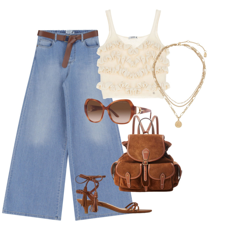 Outfit donna - Yes, please. Stile Boho per Tutti i giorni. Abbinamento con jeans, top, sandali col tacco, occhiali da sole, zaini, ciondoli.