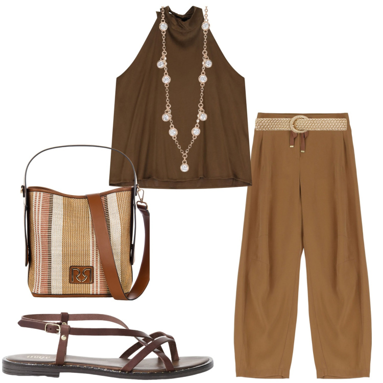 Outfit donna - Riviera look. Stile Casual chic per Mare. Abbinamento con cinture, collane, borse a secchiello, pantaloni, sandali, top.