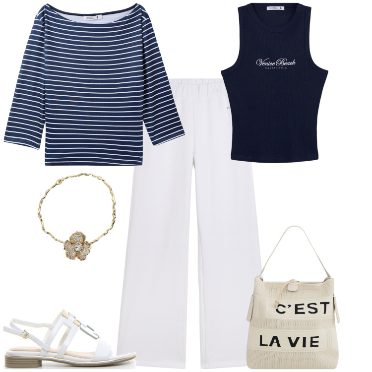 Outfit donna - Total look #2183348. Stile Sporty chic per Mare. Abbinamento con canottiere, t-shirt, borse a mano, pantaloni, collane, sandali.