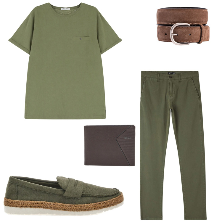 Outfit uomo - Monocolore. Stile Casual per Tutti i giorni. Abbinamento con pantaloni chino, t-shirt, portafogli, scarpe stringate, cinture.