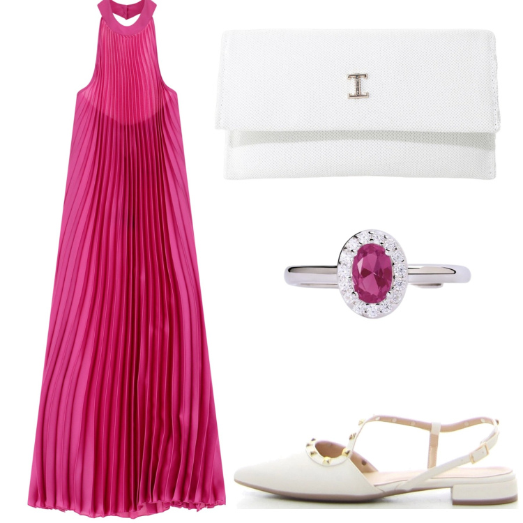 Outfit donna - Fucsia. Stile Chic per Tutti i giorni. Abbinamento con anelli, borse a tracolla, vestiti lunghi, sandali in pelle.