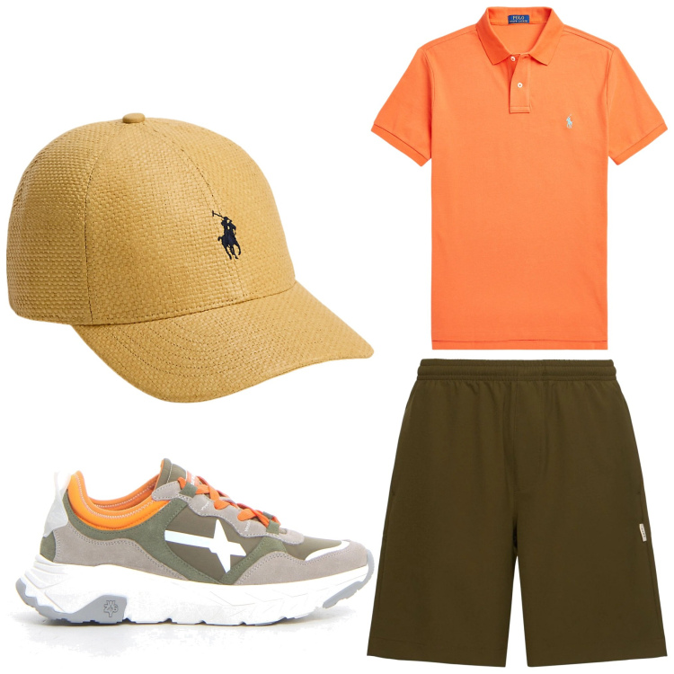 Outfit uomo - Orange and me. Stile Casual per Tutti i giorni. Abbinamento con polo, cappelli, sneakers, shorts.