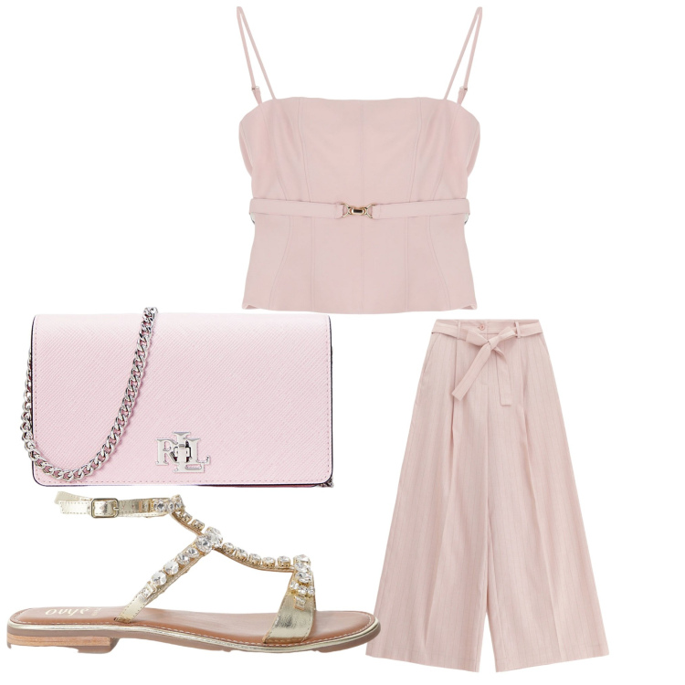 Outfit donna - Rosa al tramonto. Stile Chic per Serata fuori. Abbinamento con top, pantaloni, sandali, borse a tracolla.