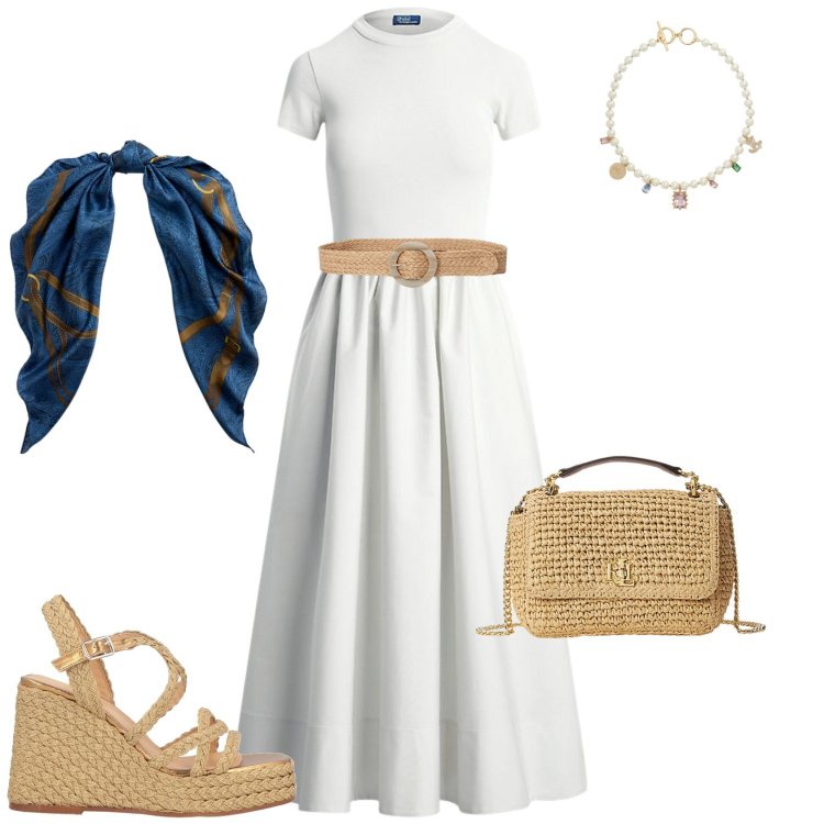 Outfit donna - Total look #2183364. Stile Chic per Mare. Abbinamento con espadrillas, vestiti, ciondoli, borse a spalla, cinture, foulard.