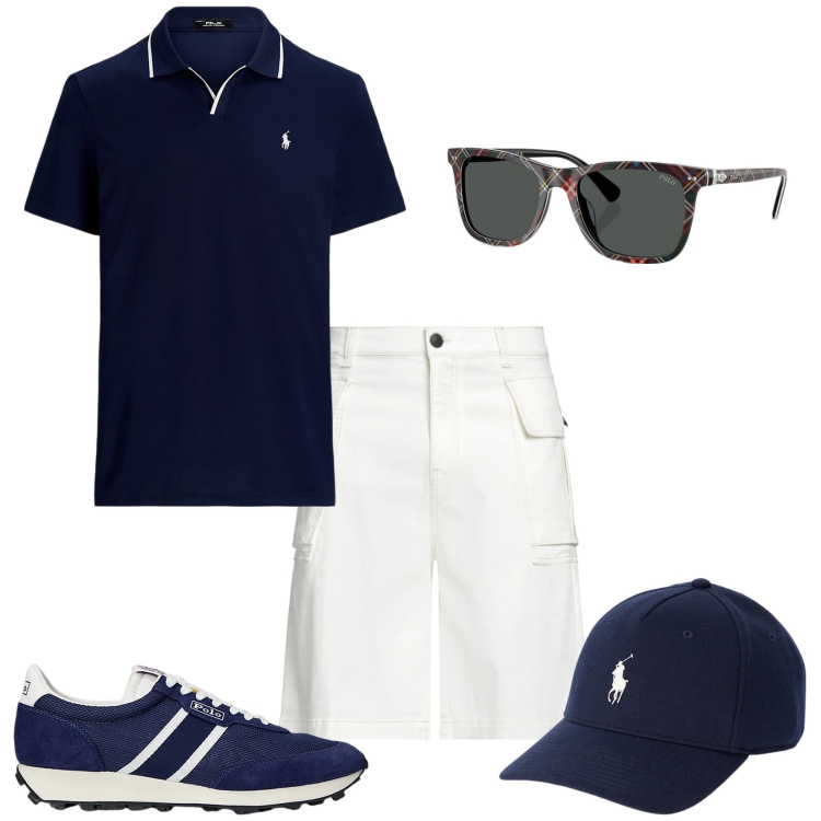 Outfit uomo - Total look #2183391. Stile Trendy per Tutti i giorni. Abbinamento con shorts, cappelli, occhiali da sole, sneakers, polo.