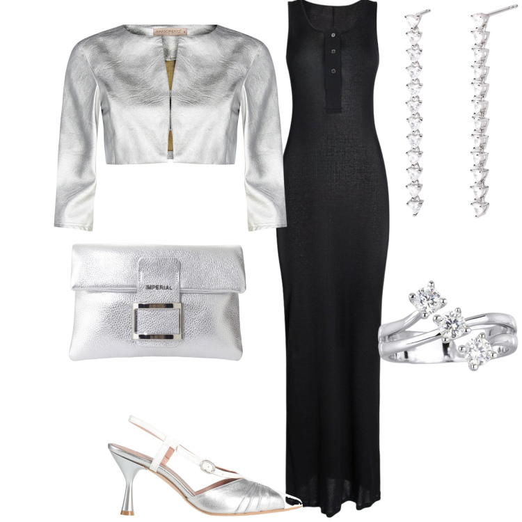 Outfit donna - Elegante anniversario di nozze. Stile Glamour per Serata fuori. Abbinamento con décolleté, orecchini, anelli, bolero, pochette, vestiti.