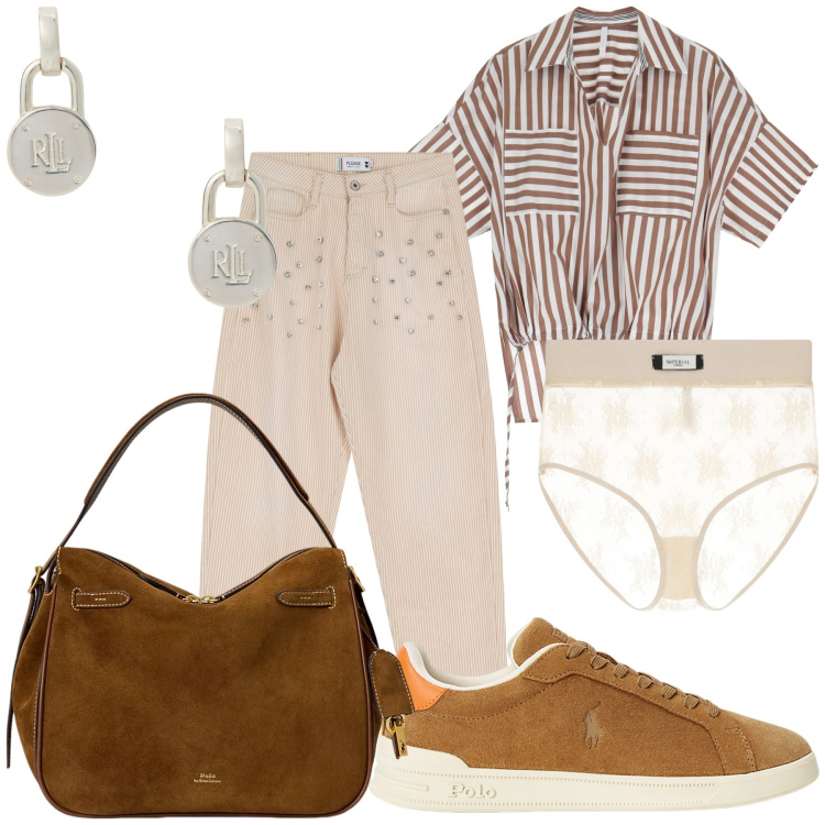 Outfit donna - Centro città d estate. Stile Urban per Tutti i giorni. Abbinamento con pantaloni, slip, camicie a manica corta, borse a mano, orecchini, sneakers.