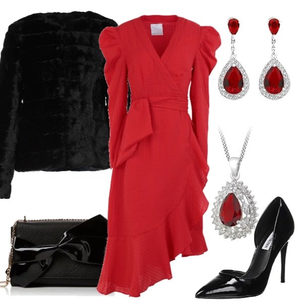 Outfit donna - Rosso e nero protagonisti. Stile Chic per Serata fuori. Abbinamento con vestito longuette con drappeggio collo a v a maniche lunghe interno foderato crêpe, ecopelliccia, collana argento, orecchini pendenti con zirconia in sterling 925 ipoallergenico argento e bianco, scarpe col tacco nero, pochette nero.