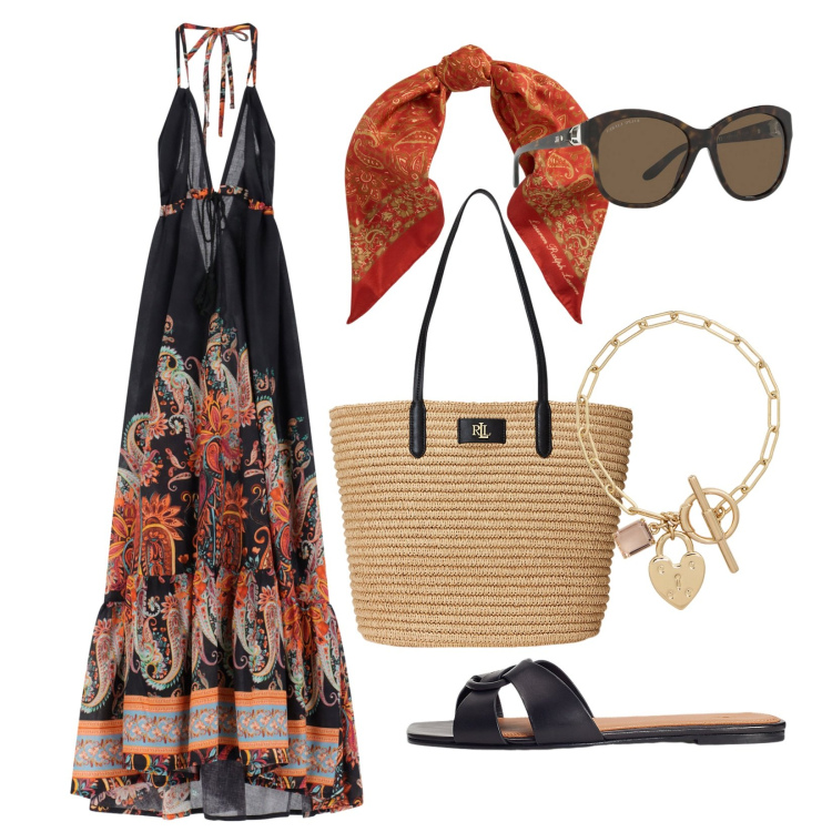 Outfit donna - Autentica!!!. Stile Etnico per Mare. Abbinamento con vestiti lunghi, foulard, occhiali da sole, borse tote, braccialetti, ciabatte.