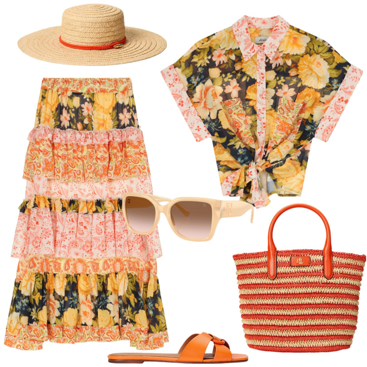Outfit donna - Total look #2183431. Stile Boho per Tutti i giorni. Abbinamento con gonne lunghe, camicie a manica corta, occhiali da sole, sandali in pelle, cappelli, borse tote.
