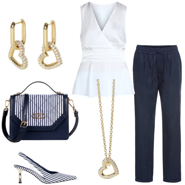 Outfit donna - Total look #2183432. Stile Chic per Tutti i giorni. Abbinamento con pantaloni, borse a mano, top, décolleté, orecchini, collane.