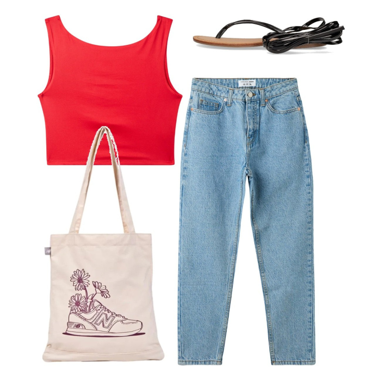 Outfit donna - La canotta rossa. Stile Casual per Tutti i giorni. Abbinamento con jeans mom, top, shopping bag, sandali alla schiava.