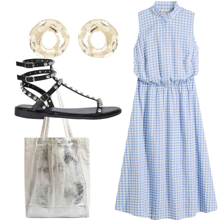 Outfit donna - I quadretti vichy. Stile Bon Ton per Tutti i giorni. Abbinamento con vestiti, shopping bag, sandali, orecchini.