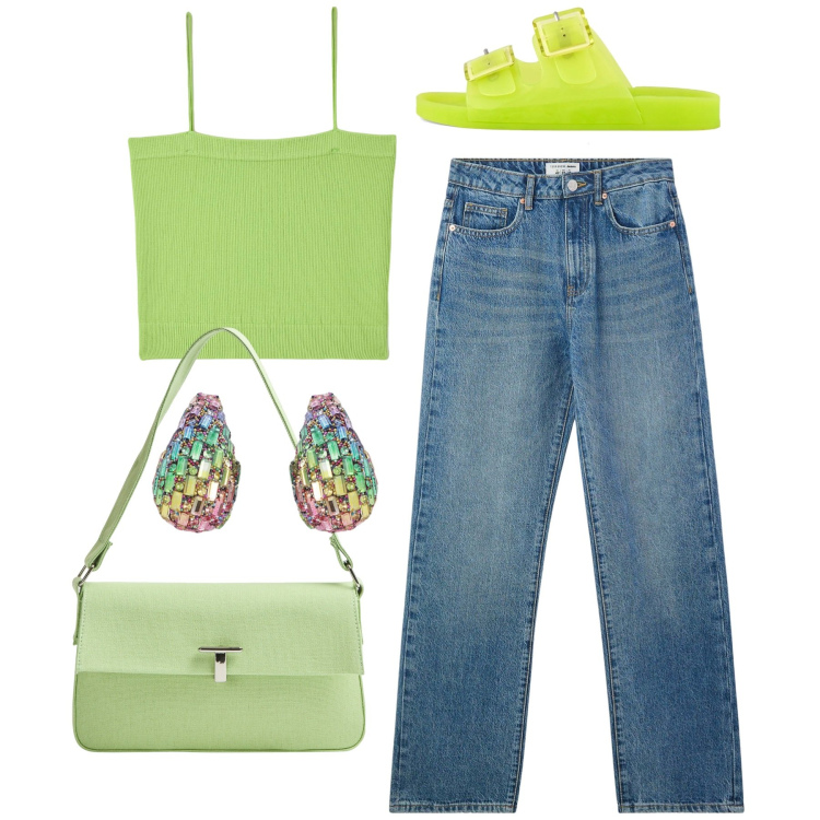 Outfit donna - Pistacchio. Stile Casual chic per Tutti i giorni. Abbinamento con canottiere, borse a spalla, jeans dritti, orecchini, sandali.