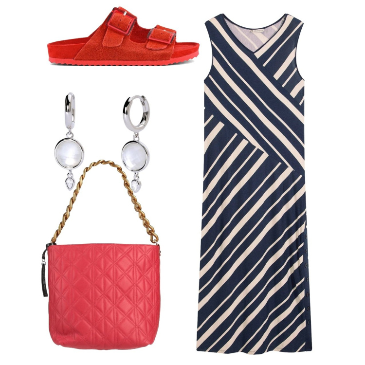 Outfit donna - Diagonal. Stile Bon Ton per Tutti i giorni. Abbinamento con vestiti lunghi, borse a mano, orecchini, sandali.