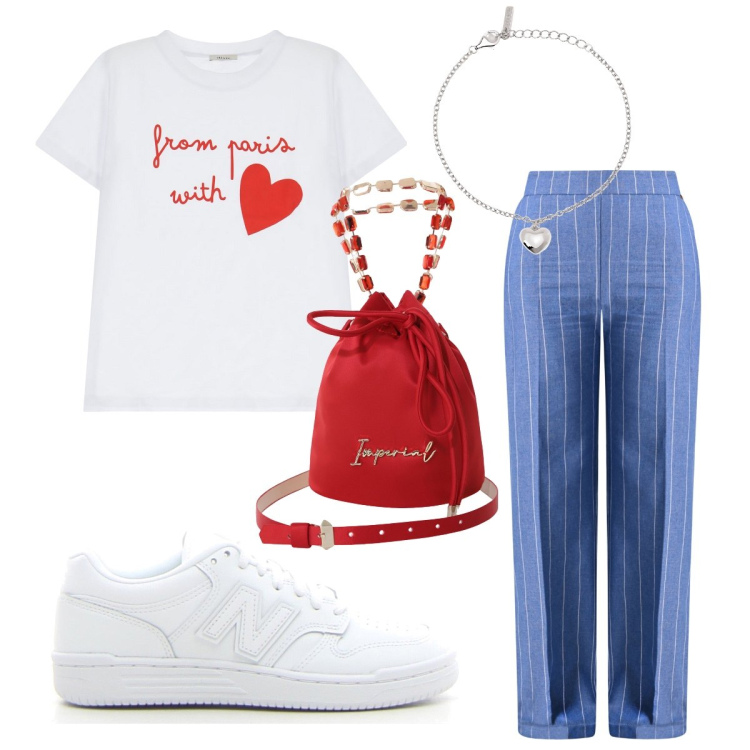 Outfit donna - I pantaloni a righe. Stile Casual chic per Tutti i giorni. Abbinamento con borse a secchiello, t-shirt, braccialetti con ciondoli, pantaloni, sneakers.