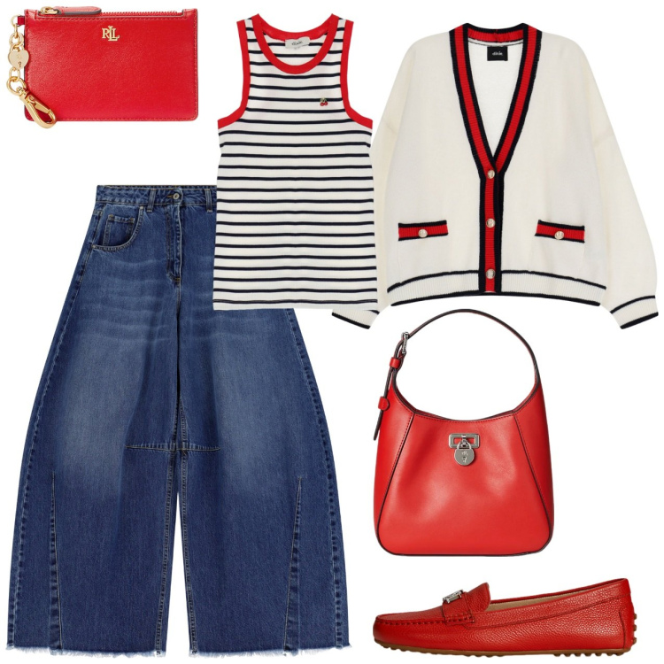 Outfit donna - Stile marinaro. Stile Casual per Tutti i giorni. Abbinamento con jeans, top, cardigans, mocassini, borse a tracolla, portafogli.
