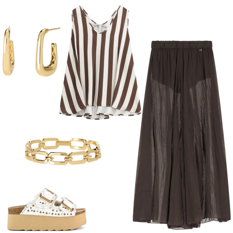 Outfit donna - Total look #2183456. Stile Boho per Tutti i giorni. Abbinamento con braccialetti, orecchini, top, pantaloni, sandali.