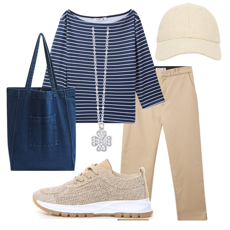 Outfit donna - Le sneakers traforate. Stile Casual chic per Tutti i giorni. Abbinamento con cappelli con visiera, pantaloni, t-shirt, shopping bag, collane, sneakers.