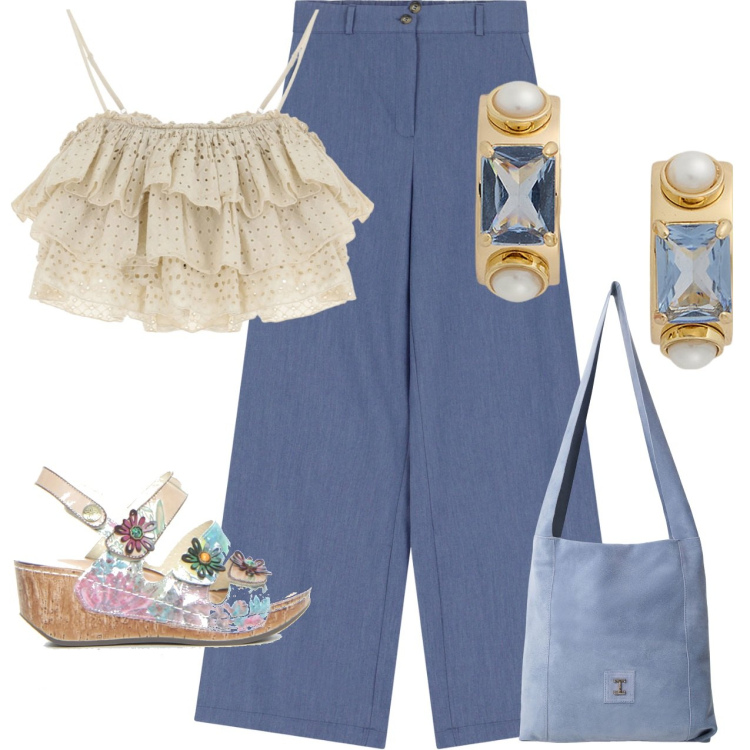 Outfit donna - Originale. Stile Glamour per Tutti i giorni. Abbinamento con borse a tracolla, pantaloni, top, orecchini, sandali.