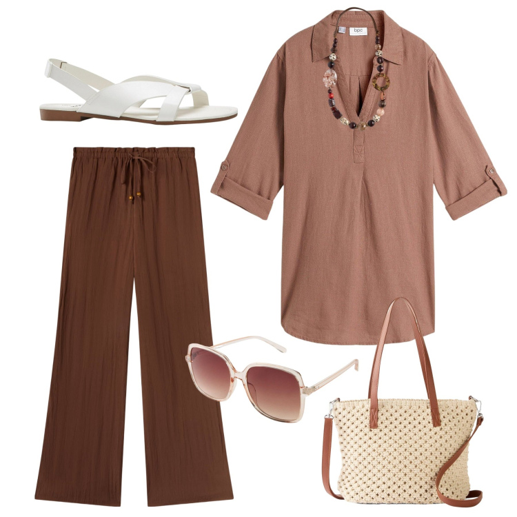Outfit donna - Fresca in marrone. Stile Basic per Ufficio. Abbinamento con bluse, sandali, occhiali da sole, borse a mano, pantaloni, collane.