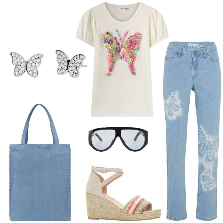 Outfit donna - Butterflies. Stile Casual per Tutti i giorni. Abbinamento con jeans dritti, sandali, borse tote, t-shirt, orecchini, occhiali da sole.