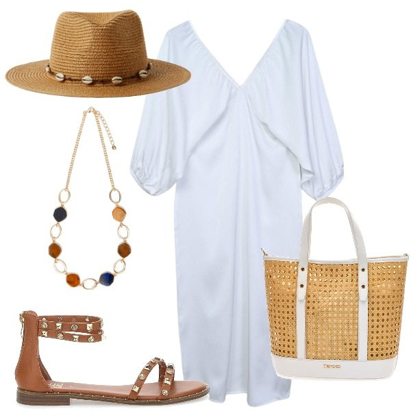 Outfit donna - Boho metropolitano. Stile Boho per Tutti i giorni. Abbinamento con vestiti lunghi, cappelli, sandali, collane, borse a spalla.