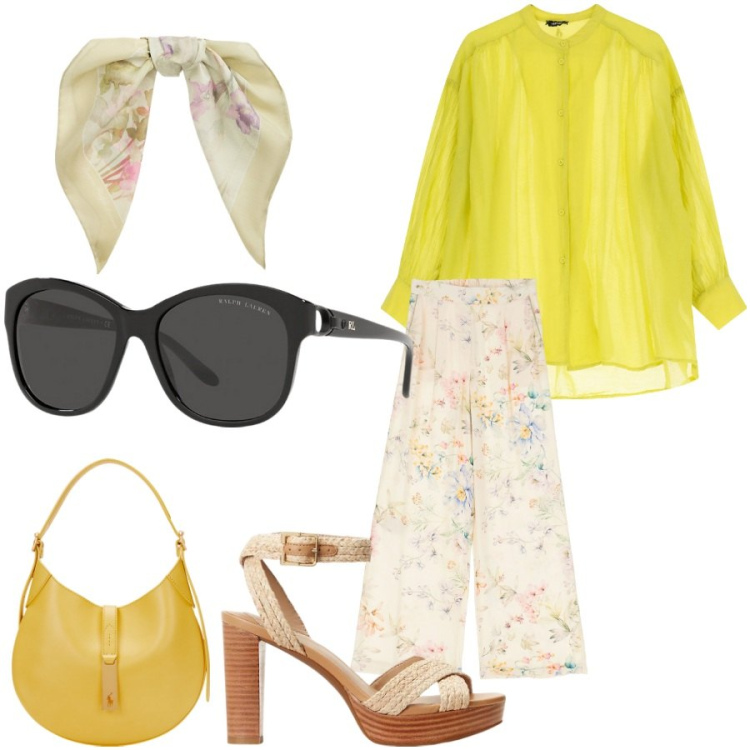 Outfit donna - Total look #2183483. Stile Chic per Tutti i giorni. Abbinamento con camicie, pantaloni, occhiali da sole, sandali, foulard, borse a spalla.