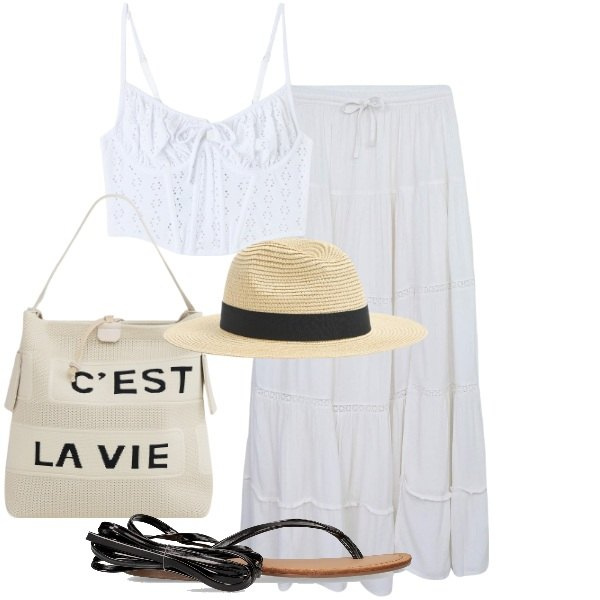 Outfit donna - C\'est la vie. Stile Boho per Mare. Abbinamento con cappelli, top, gonne lunghe, borse a mano, sandali alla schiava.