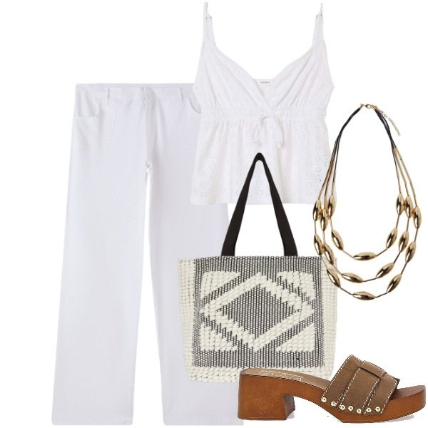 Outfit donna - White summer. Stile Boho per Tutti i giorni. Abbinamento con pantaloni, canottiere, zoccoli, shopping bag, collane.