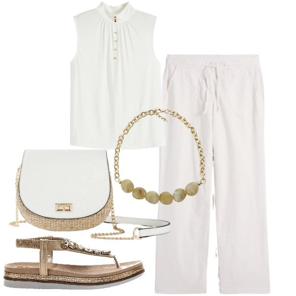 Outfit donna - Bianco e panna. Stile Boho per Mare. Abbinamento con pantaloni a palazzo, borse a tracolla, top, collane, sandali gioiello.