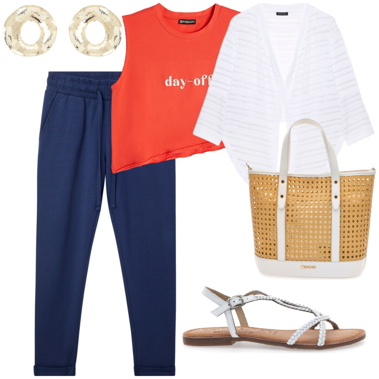Outfit donna - Per tutti i giorni. per Tutti i giorni. Abbinamento con pantaloni, t-shirt, orecchini, bolero, sandali in pelle, borse a spalla.