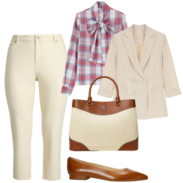 Outfit donna - In ufficio. per Ufficio. Abbinamento con camicie, blazer, ballerine, jeans dritti, borse a mano.
