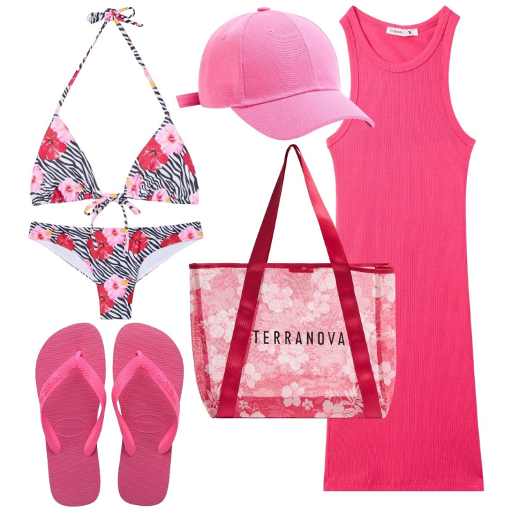 Outfit donna - Se ami il fucsia. Stile Trendy per Mare. Abbinamento con vestiti corti, shopping bag, bikini, bikini, cappelli, ciabatte.