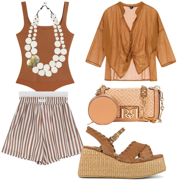 Outfit donna - Riviera look. Stile Casual chic per Tutti i giorni. Abbinamento con borse a tracolla, pantaloni corti, body, camicie, zeppe, ciondoli.