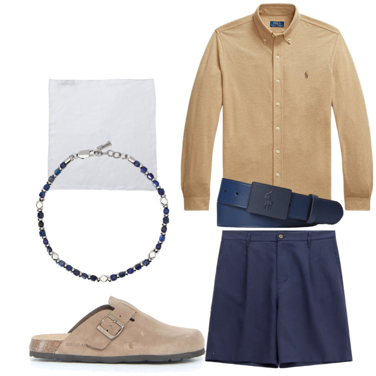 Outfit uomo - Gli shorts in città. Stile Trendy per Tutti i giorni. Abbinamento con braccialetti, bermuda, cravatte, cinture, camicie, sandali.